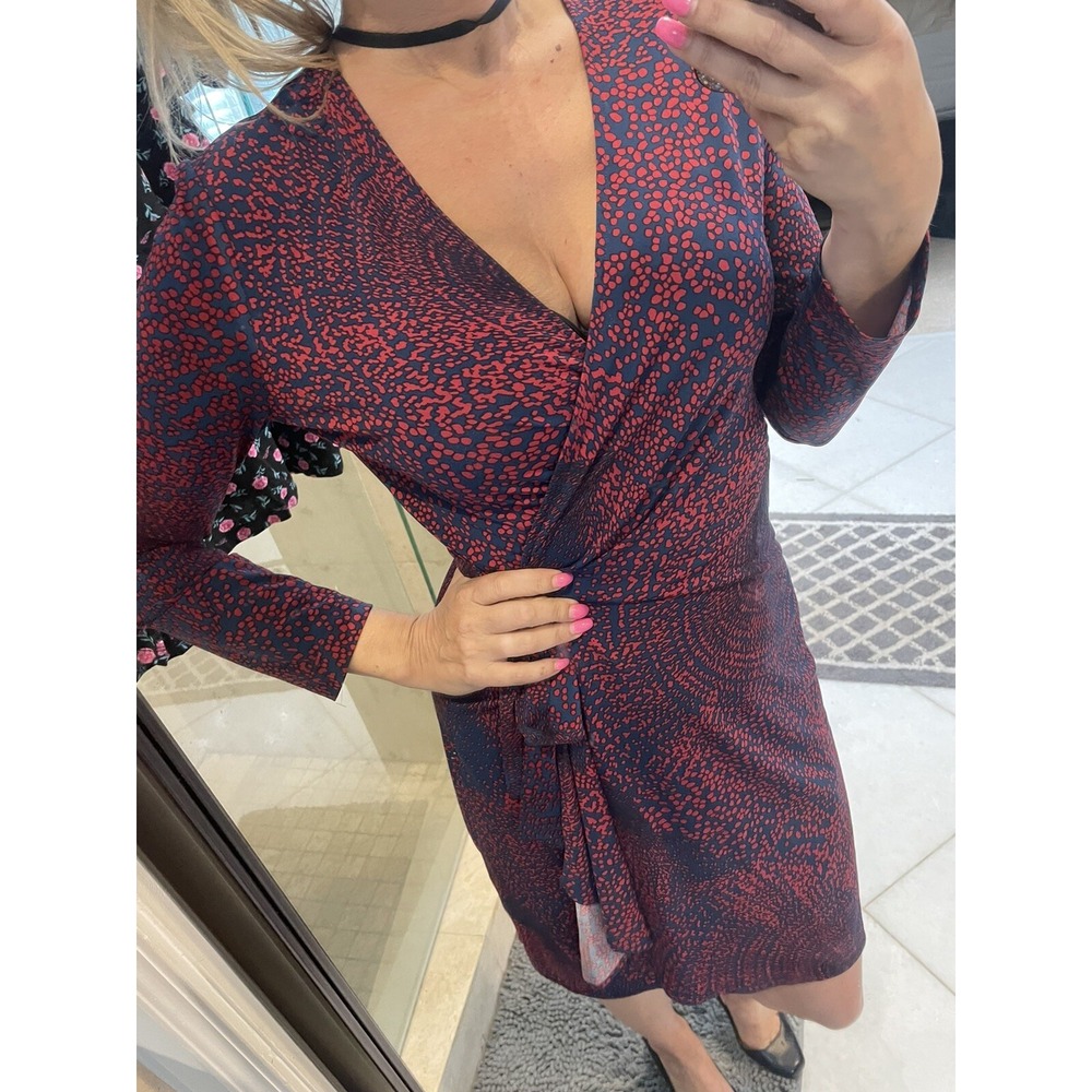 BCBG MAX AZRIA Adele Printed Wrap Dress Red Blue Long Sleeve Size M